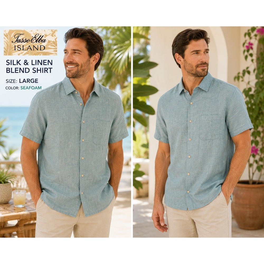 Tasso Elba Island Mens L Mint Blue Silk Linen Short Sleeve Button Up Shirt #1836